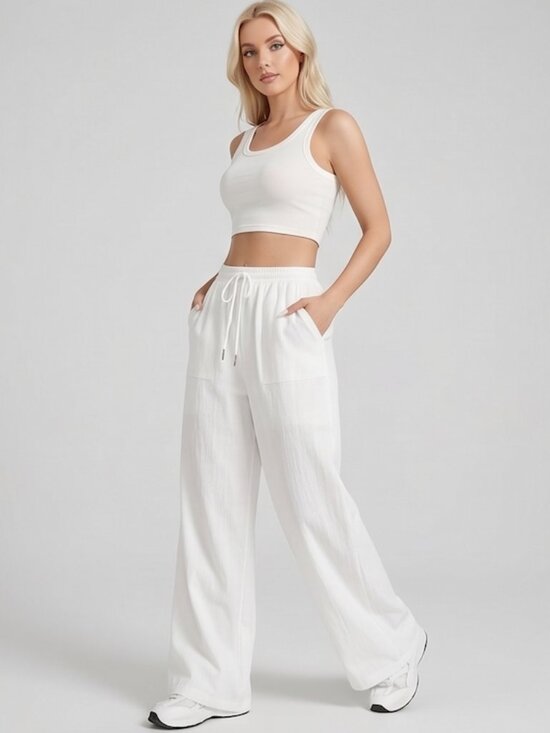 By Design Pants - 100% Cotton Drawstring Waist Wide Leg Pants White